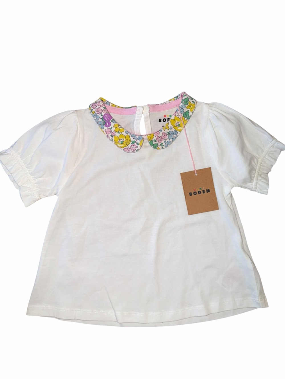 Mini Boden White Short Sleeve Blouse with Floral Print Peter Pan Collar 2-3 NWT